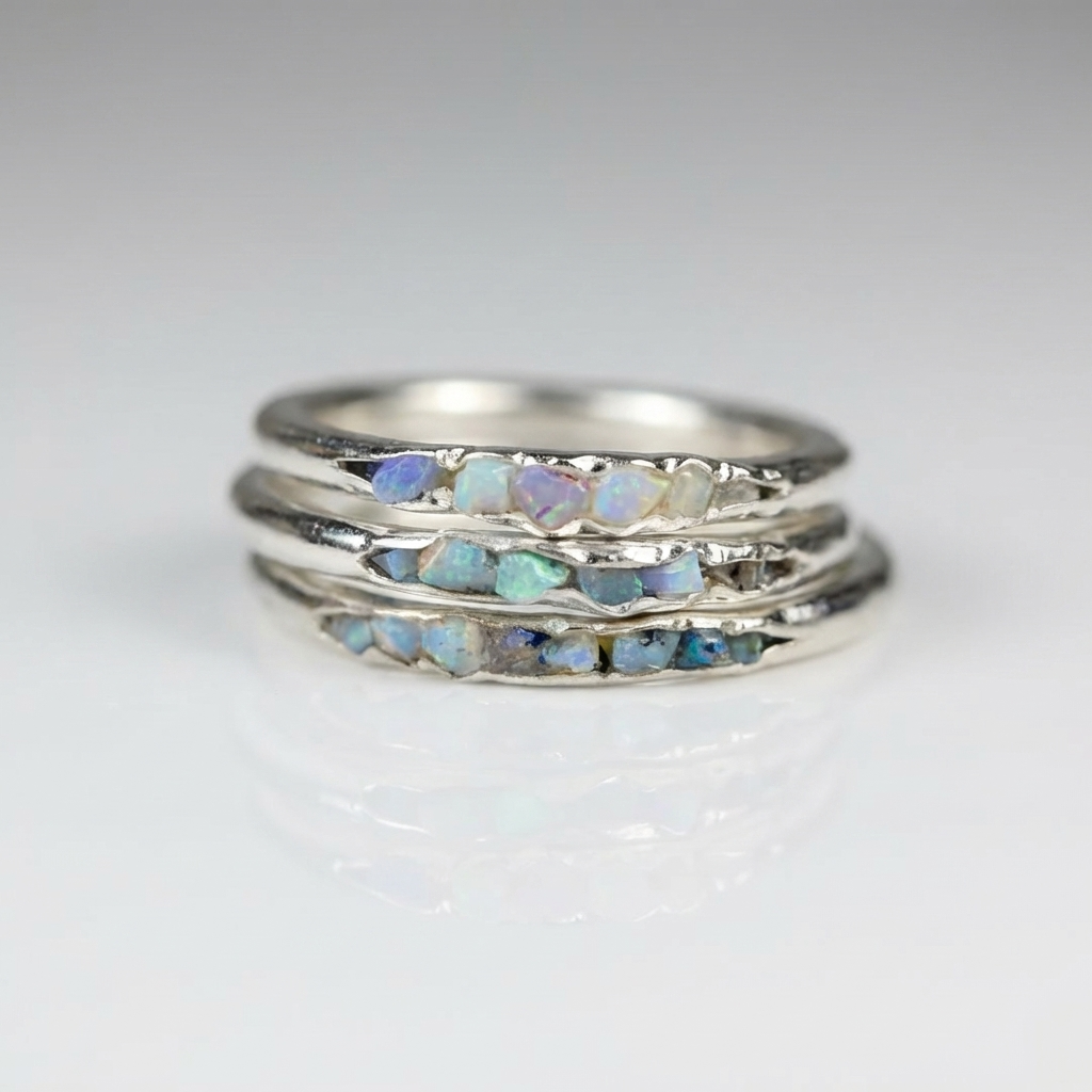 Raw Opal Chip Stacking Ring Set, Silver-Tone Bands, Sizes 5-11