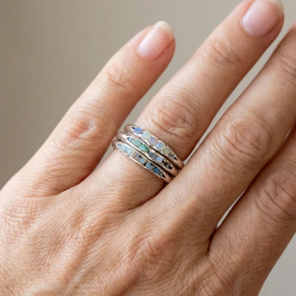 Triple-Layered Opal Ring in Silver Tone