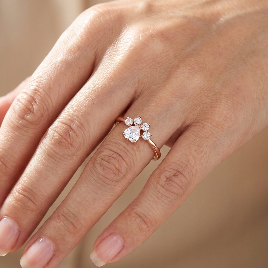Paw-Shaped Cubic Zirconia Ring with Rose Gold Tone Finish