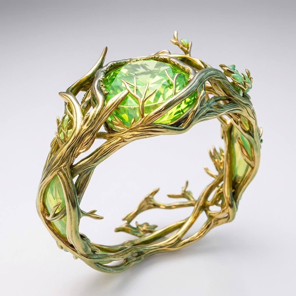 Vine-Wrapped Oval Green Stone Ring with Branch Detail