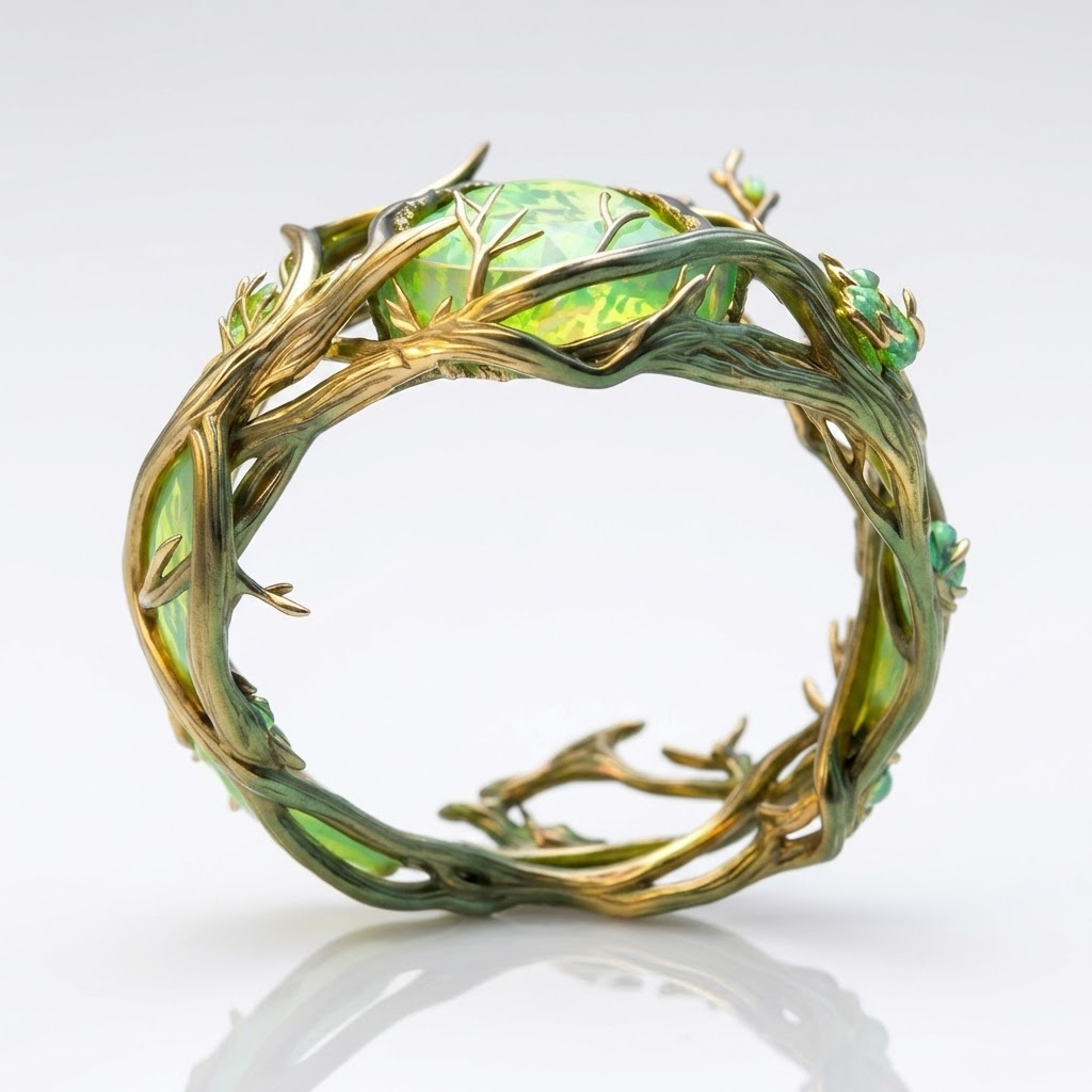 Vine-Wrapped Oval Green Stone Ring with Branch Detail