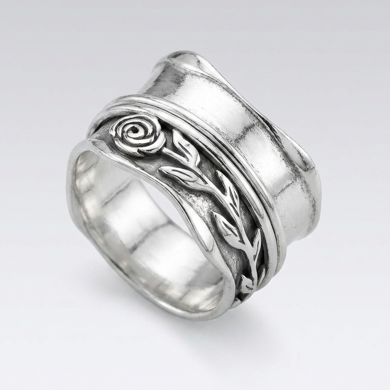 Spiral Rose Ring with Ornamental Vine Detail in Silver Tone