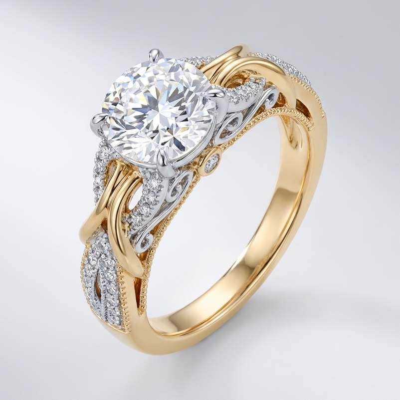 Round Zirconia Ring with Split-Shank Scrollwork and Side Stones