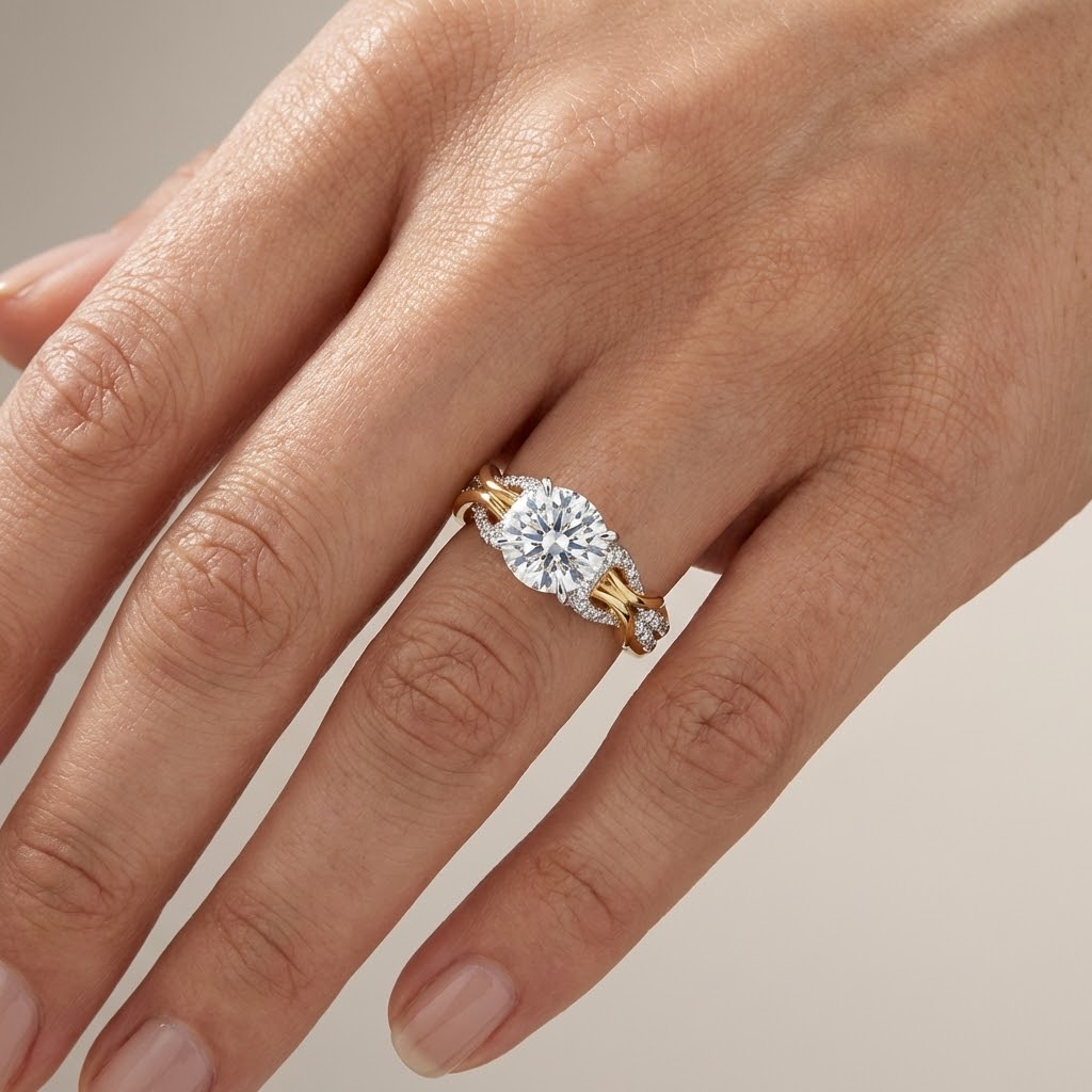 Round Zirconia Ring with Split-Shank Scrollwork and Side Stones