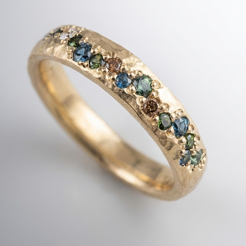 Multi-Gemstone Cluster Ring with Hammered Gold-Tone Eternity Band