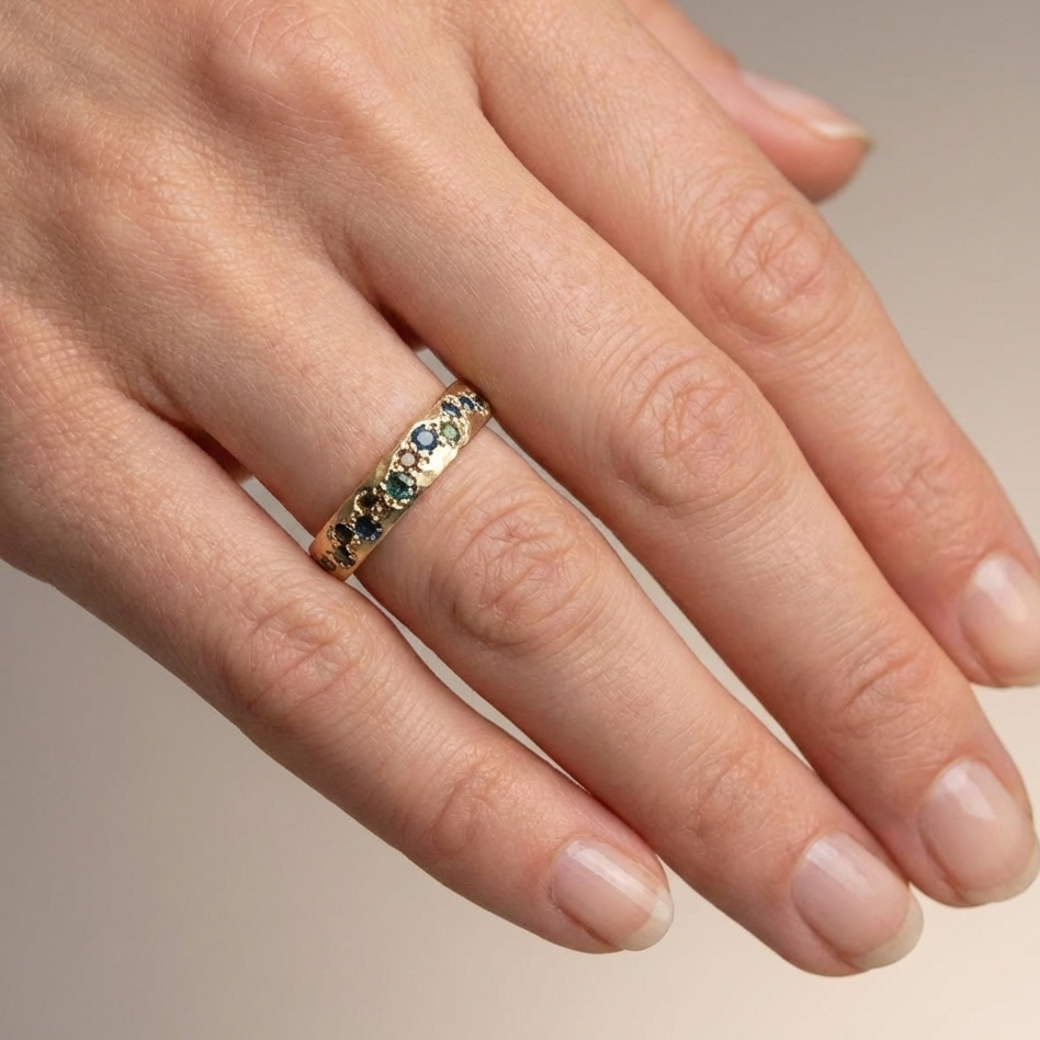 Multi-Gemstone Cluster Ring with Hammered Gold-Tone Eternity Band