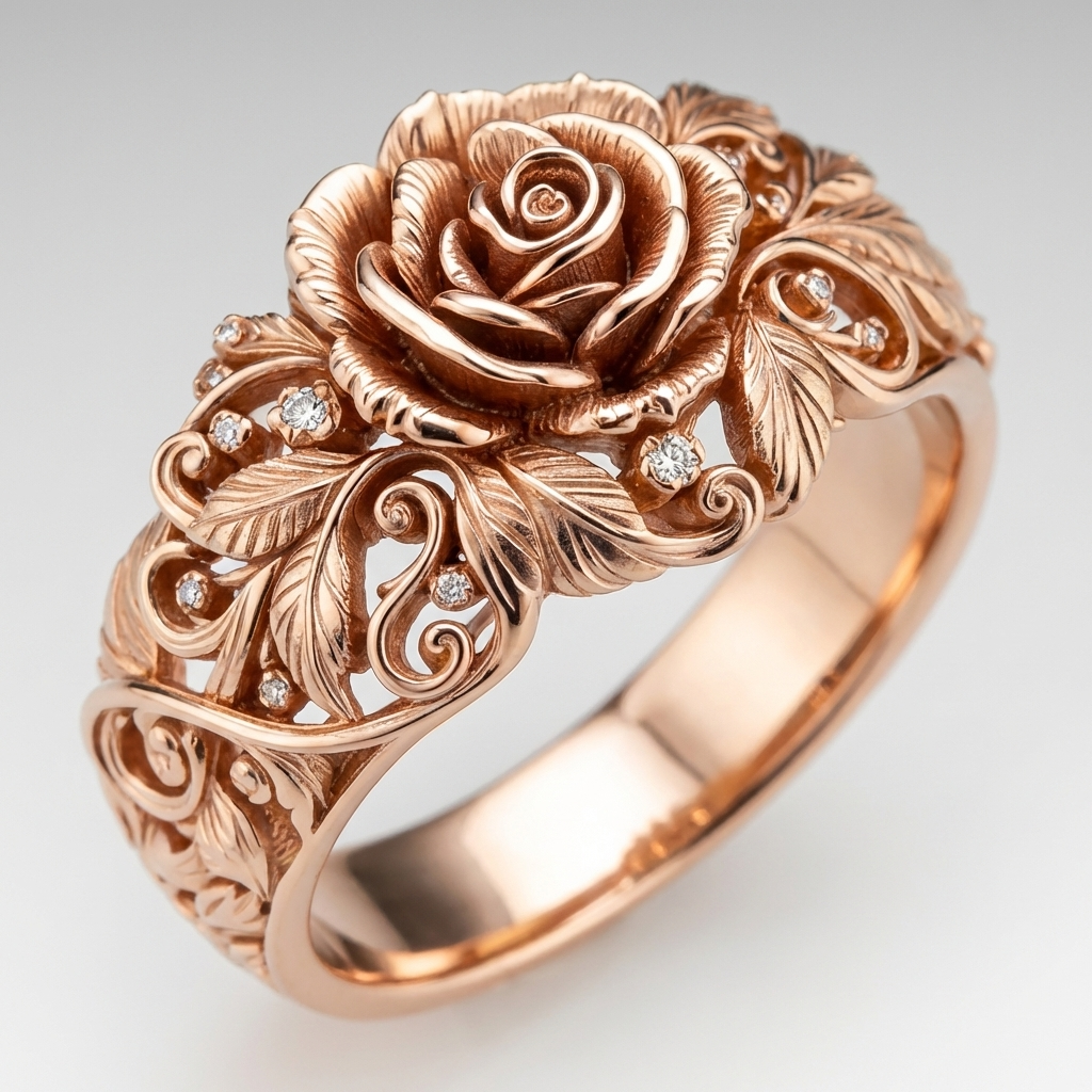 Rose Flower Filigree Statement Ring with Gemstone Accents in Rose Gold Tone