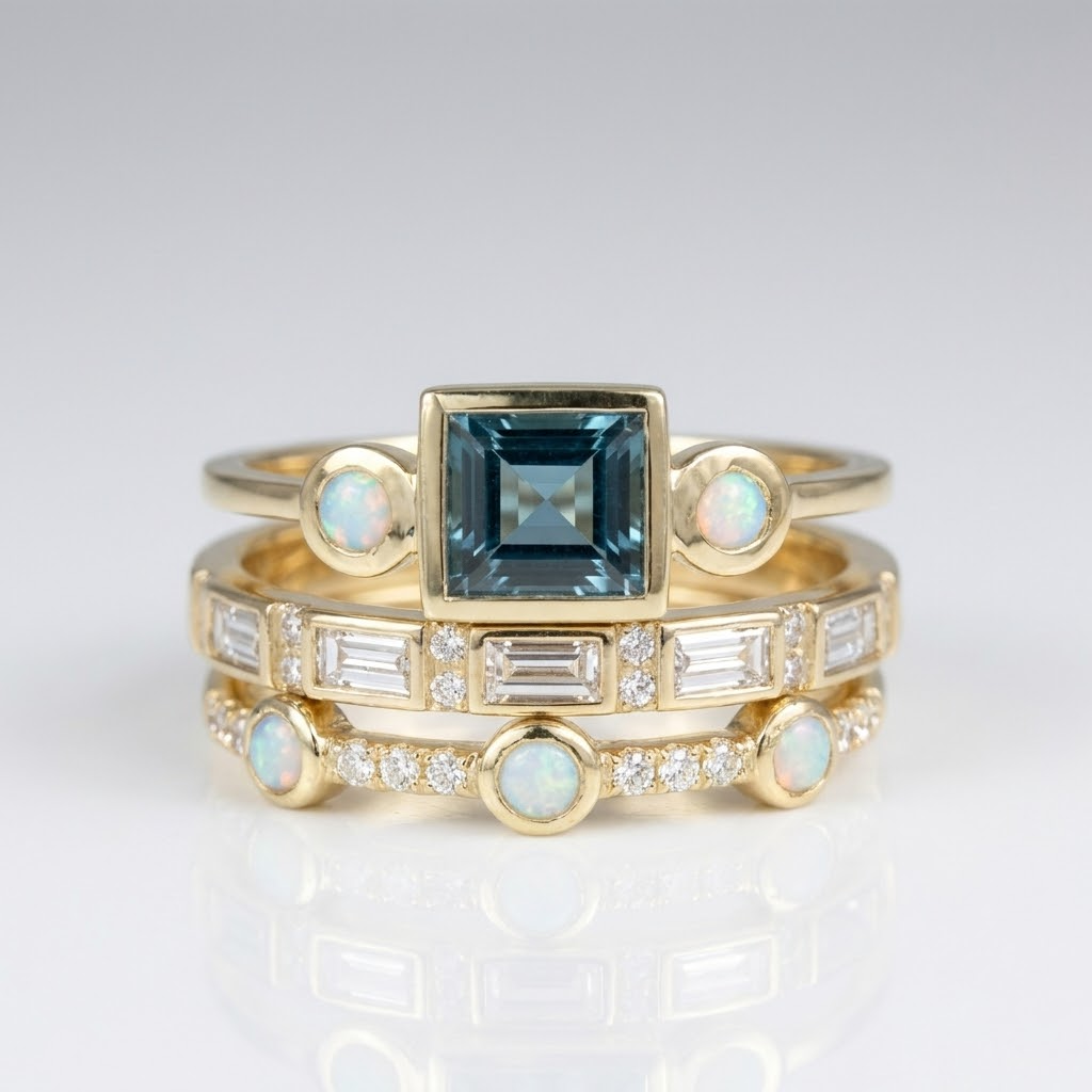 Blue Topaz & Opal Stackable Ring Set with Crystal Accents