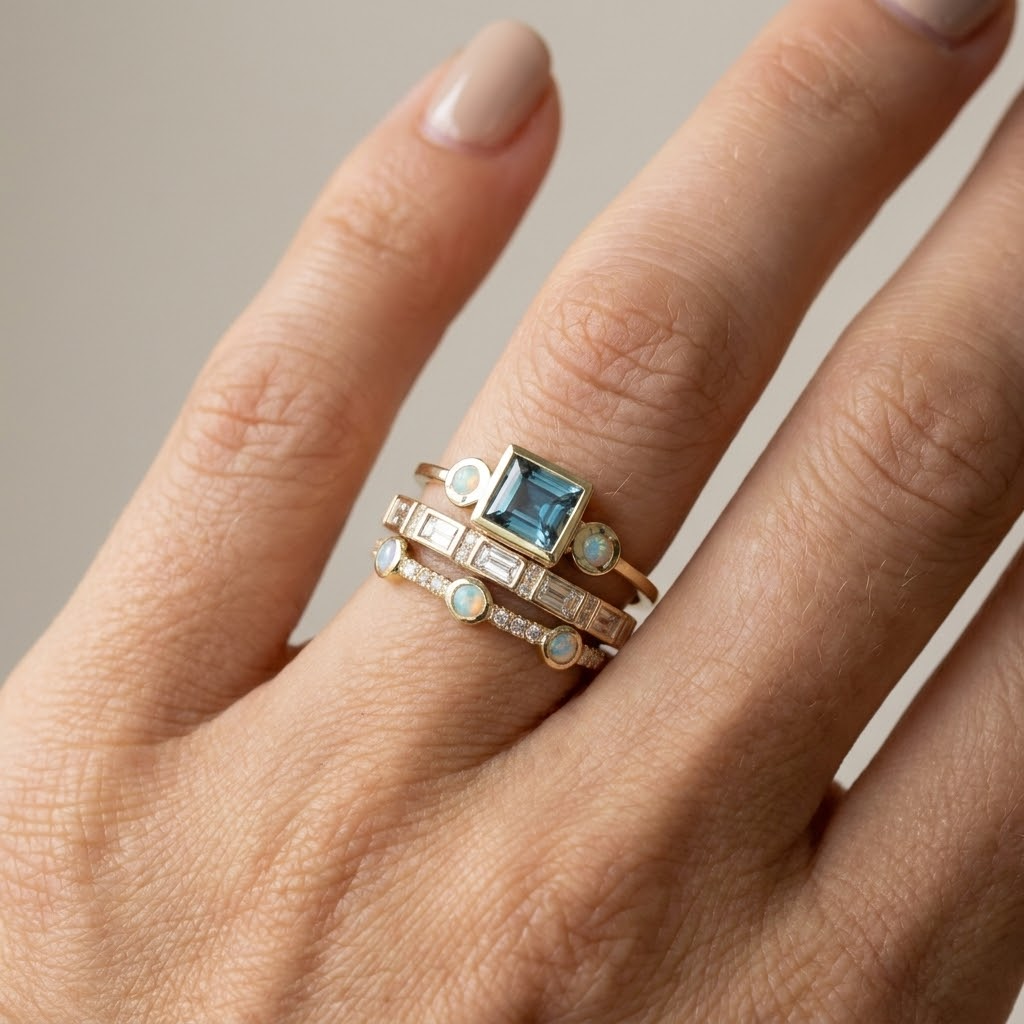 Blue Topaz & Opal Stackable Ring Set with Crystal Accents