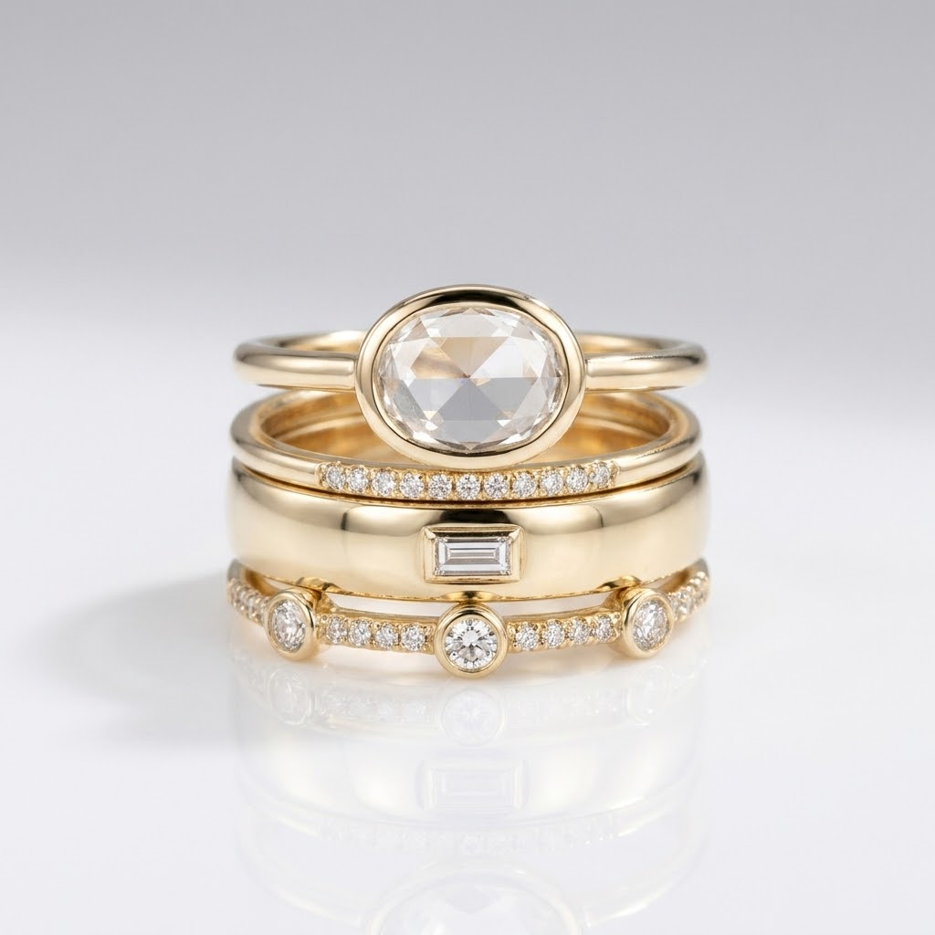 Cubic Zirconia Stackable Ring Set, 4 Pieces, Gold Tone, Mixed Stone Cuts