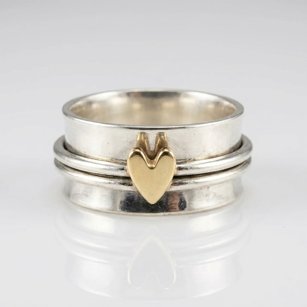Heart-Shaped Retro Ring with Silver Band and Gold-Tone Heart Accent