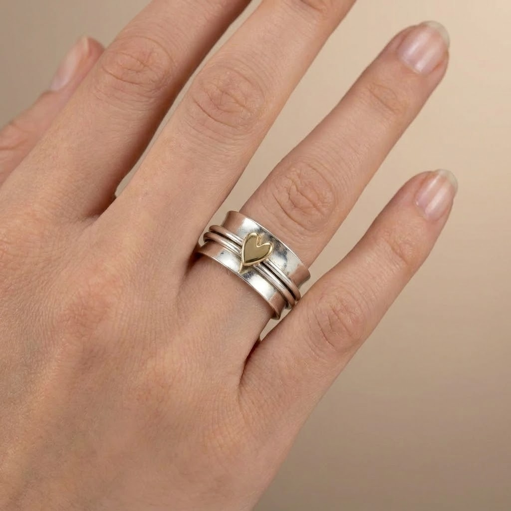 Heart-Shaped Retro Ring with Silver Band and Gold-Tone Heart Accent