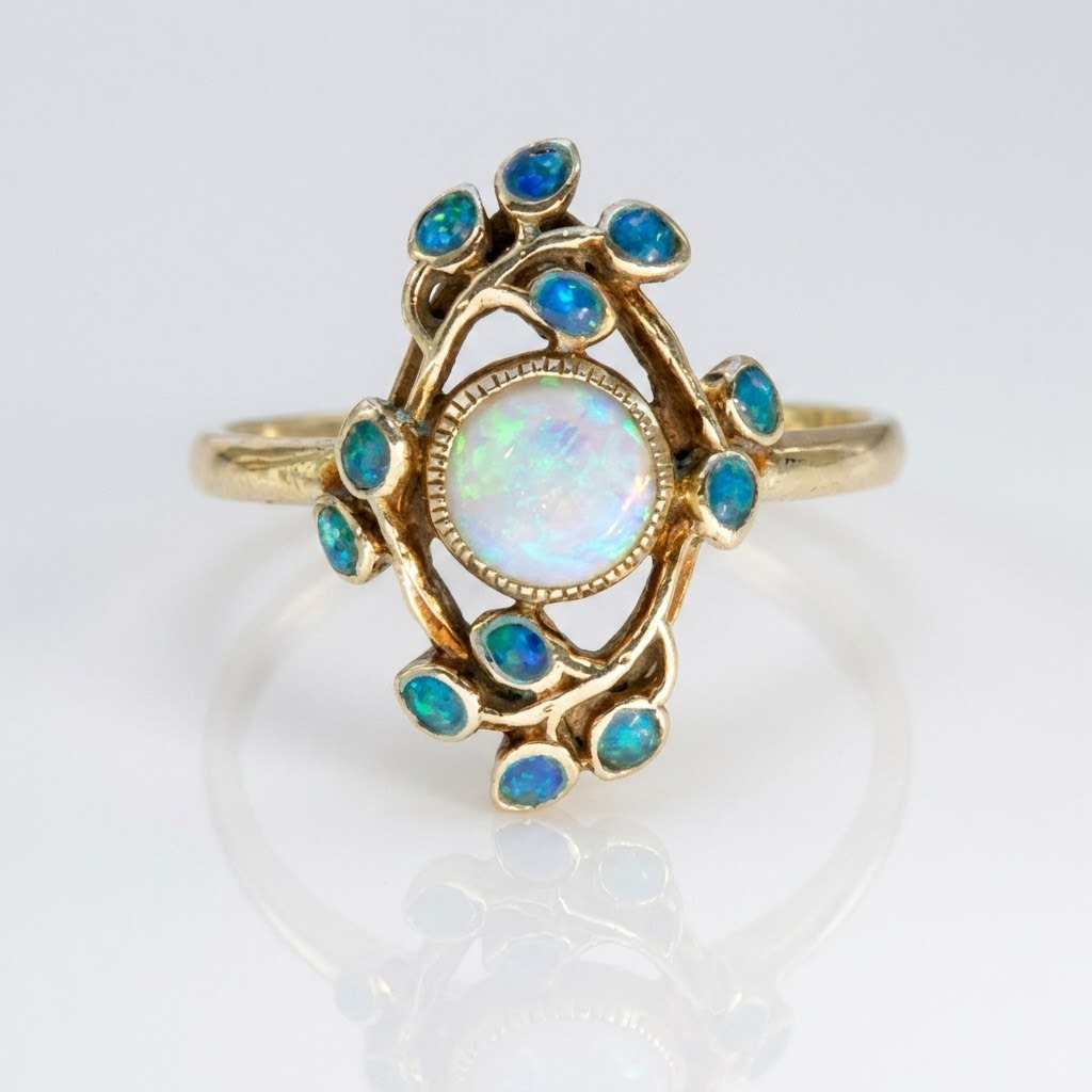 Opal Cluster Flower Ring with Vintage Scrollwork Setting