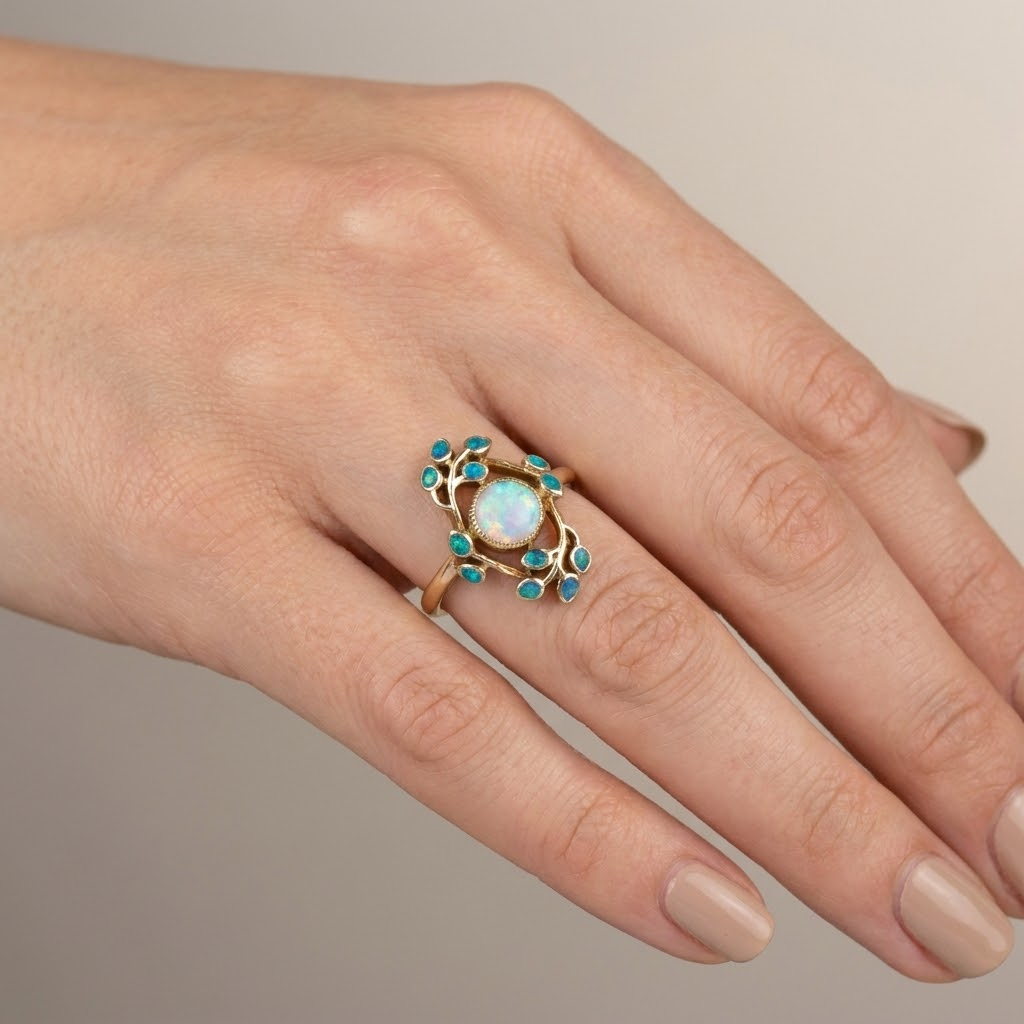 Opal Cluster Flower Ring with Vintage Scrollwork Setting