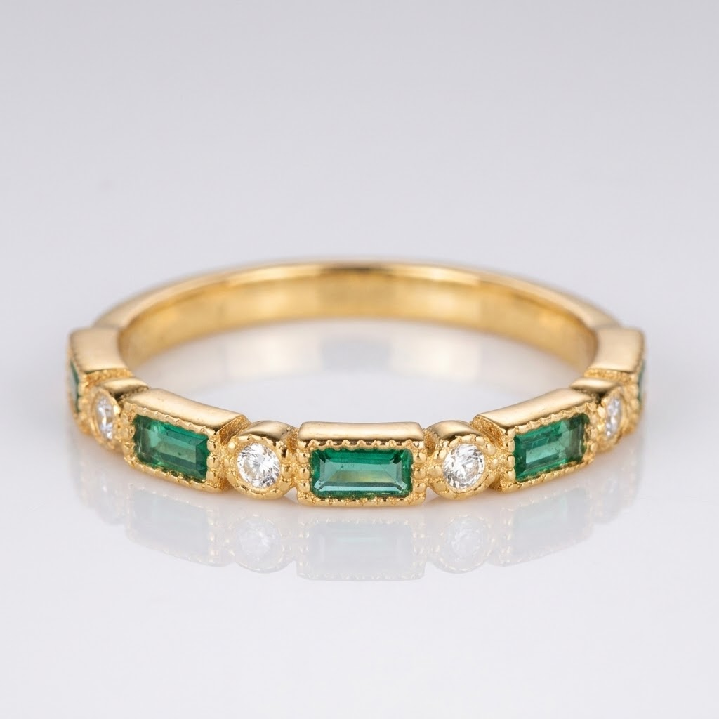 Emerald-Cut Green Stone Ring with Round Accent Stones and Textured Band