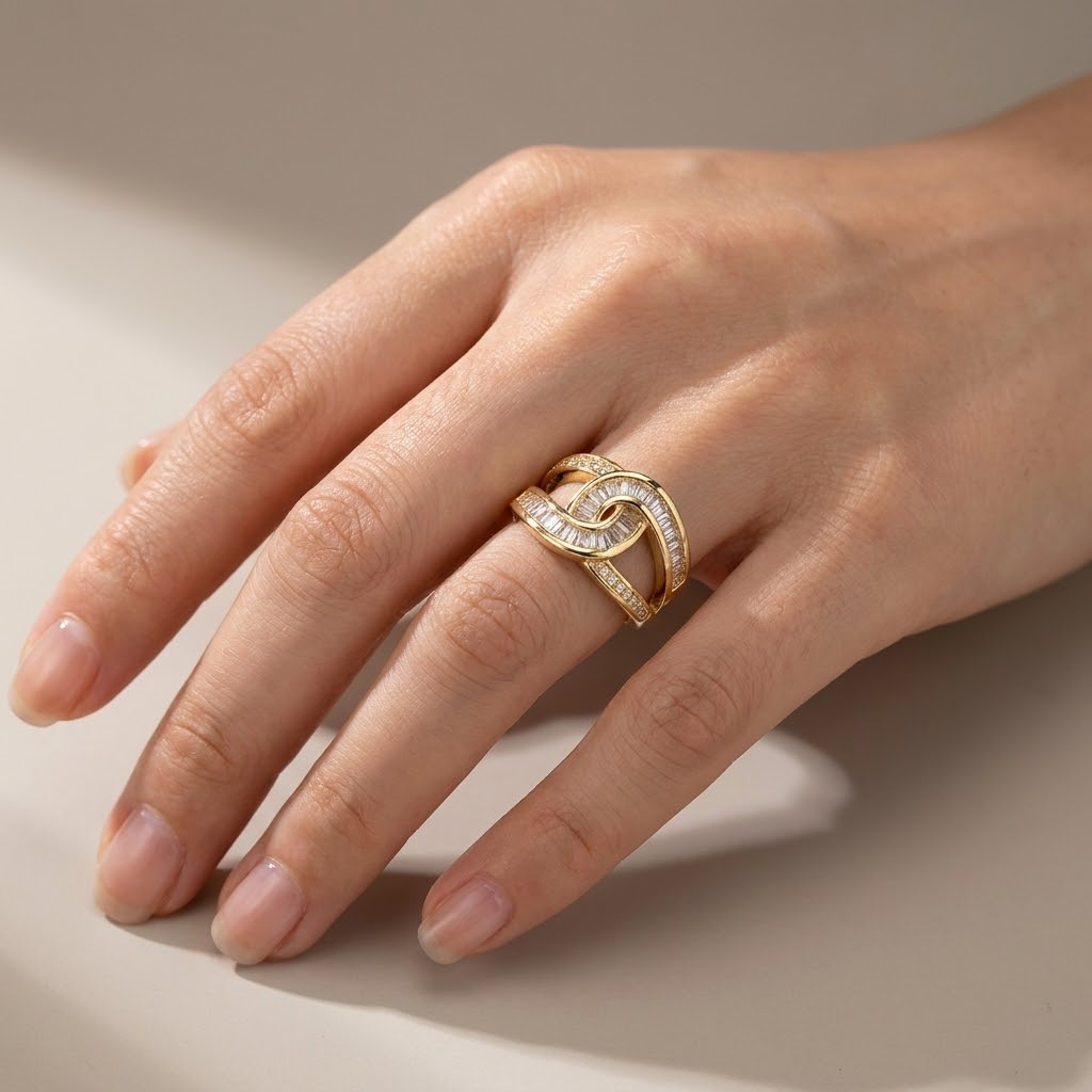 Interlocked Double-C Cubic Zirconia Ring, Gold Tone, Adjustable Band