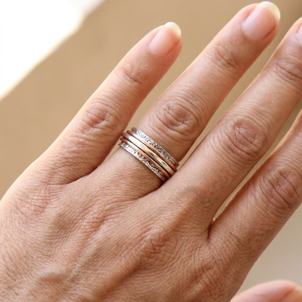 Scrollwork Stacked Spinner Ring in Silver and Rose Gold Tone