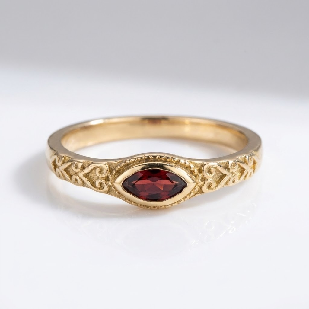 Oval Burgundy Stone Ring with Gold Filigree Band