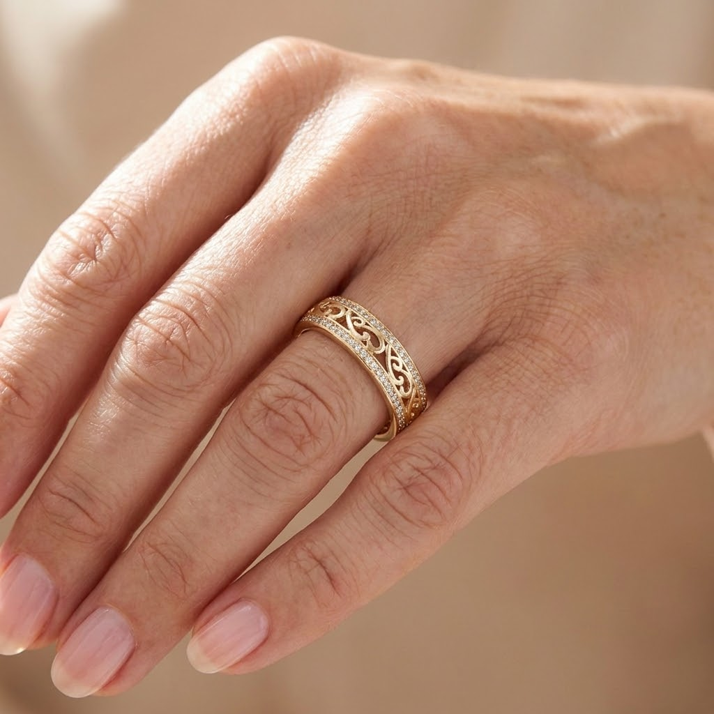 Filigree Scrollwork Cubic Zirconia Ring, Open-Work Gold-Tone Band