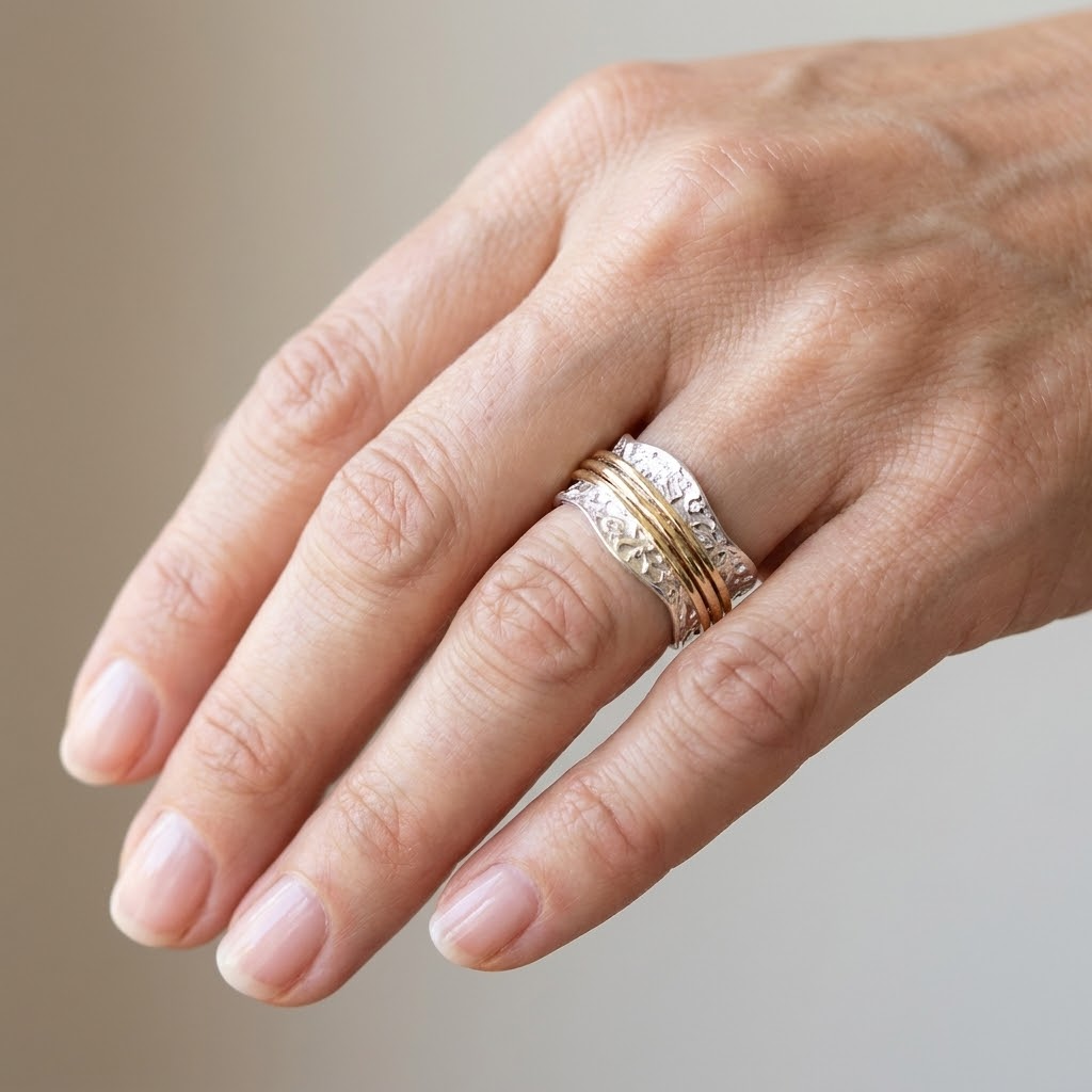 Two-Tone Hammered Spinner Ring, Silver-Tone & Gold-Tone Band