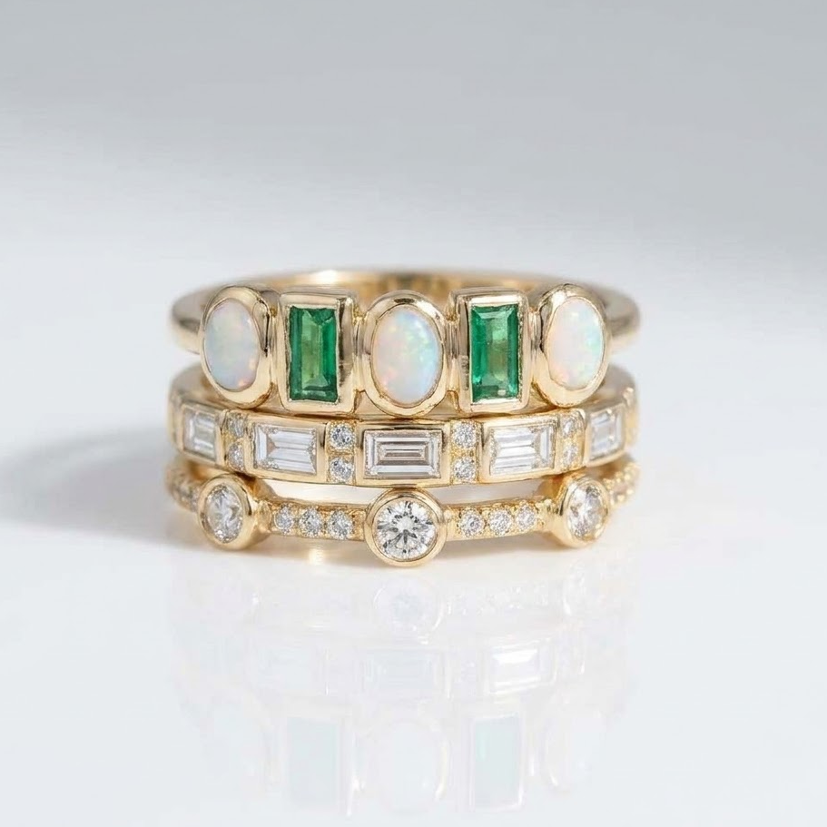 Opal, Emerald & Cubic Zirconia Stackable Ring Set in Gold Tone