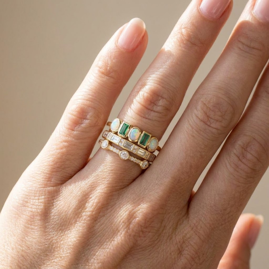 Opal, Emerald & Cubic Zirconia Stackable Ring Set in Gold Tone