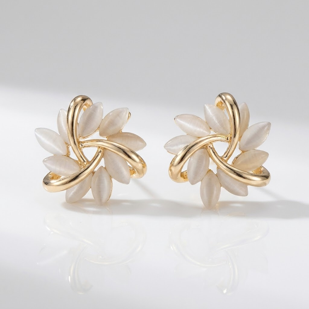 Opal Petal Flower Stud Earrings with Gold-Tone Band