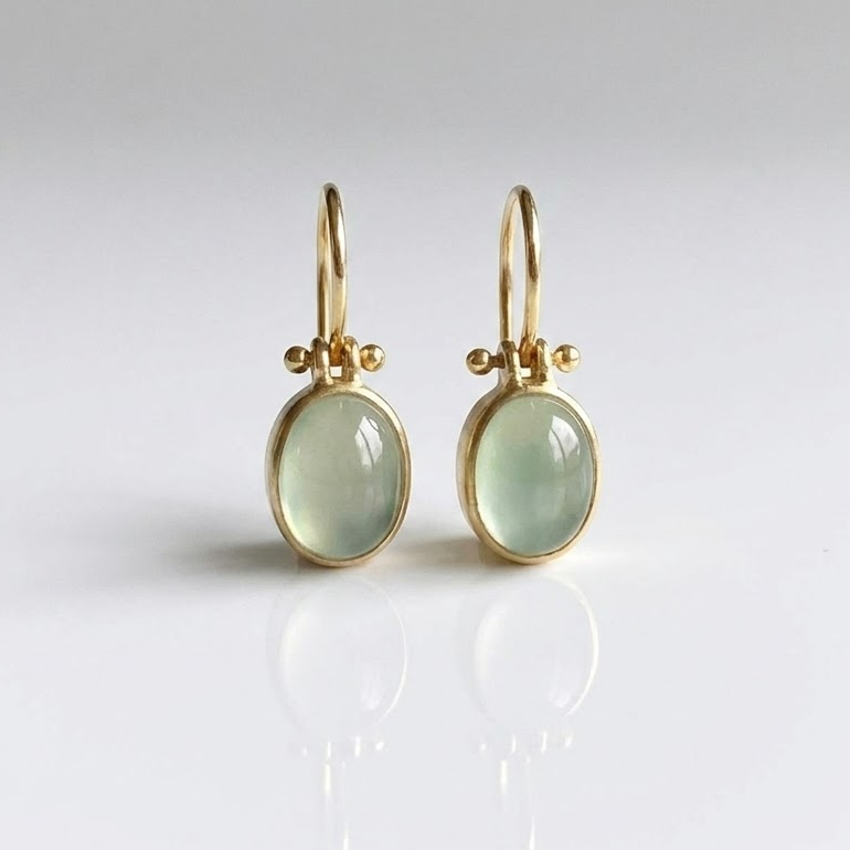 Oval Green Stone Drop Earrings with Gold-Tone Ball Detail