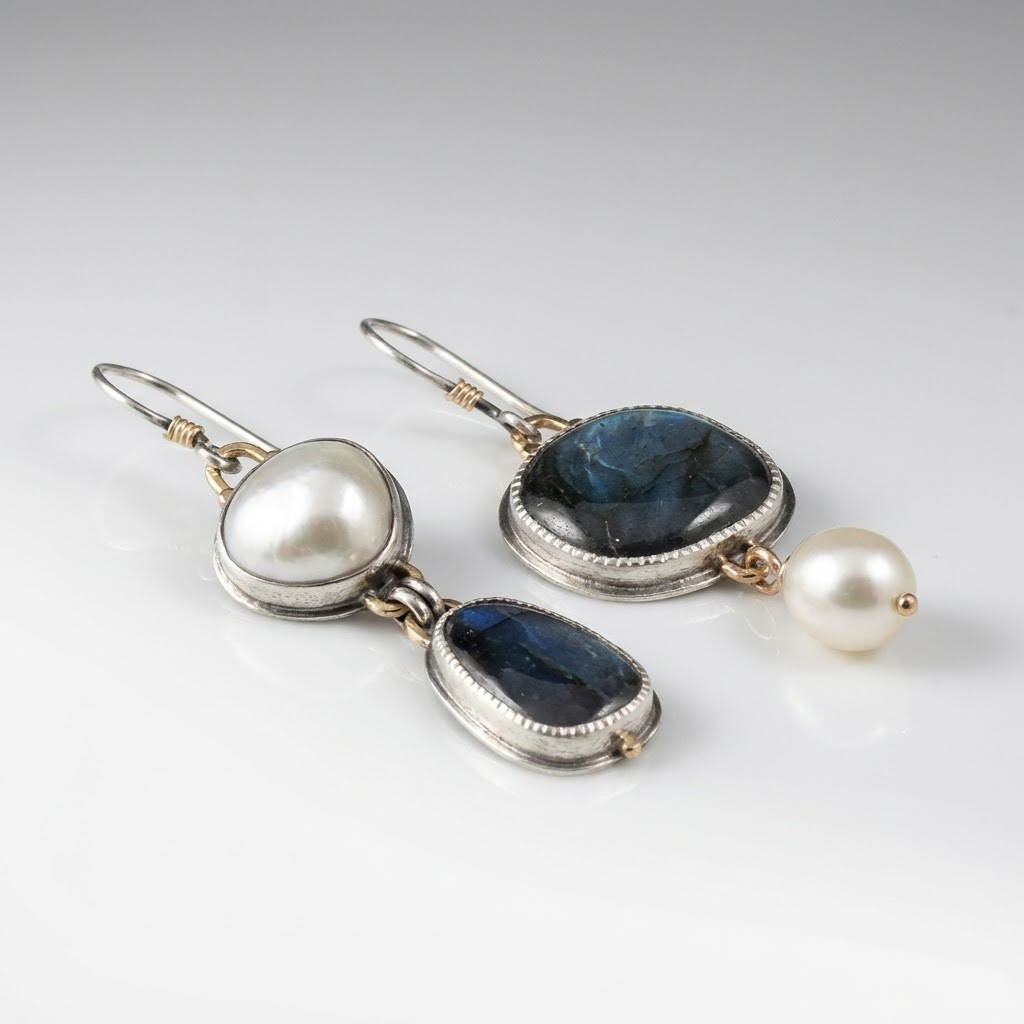 Asymmetrical Blue Stone & Pearl Drop Earrings with Granulated Bezel