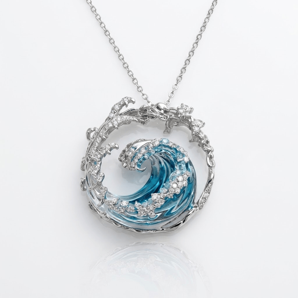 Wave Pendant Necklace with Blue Crystal and Circular Frame
