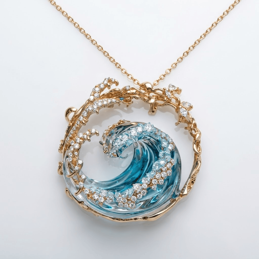 Wave Pendant Necklace with Blue Crystal and Circular Frame