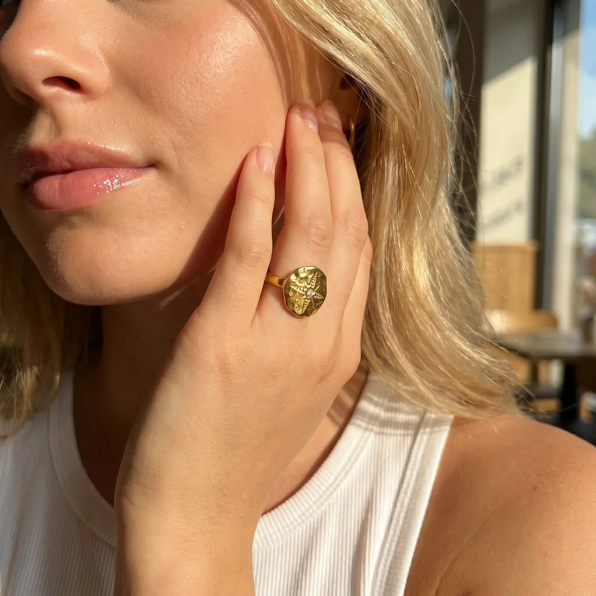 Antique Gold-Tone Coin Medallion Ring with Cubic Zirconia Accent — main image