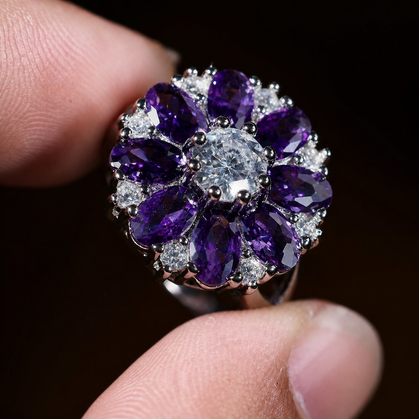 Purple Gemstone Floral Halo Ring with Clear Center Stone