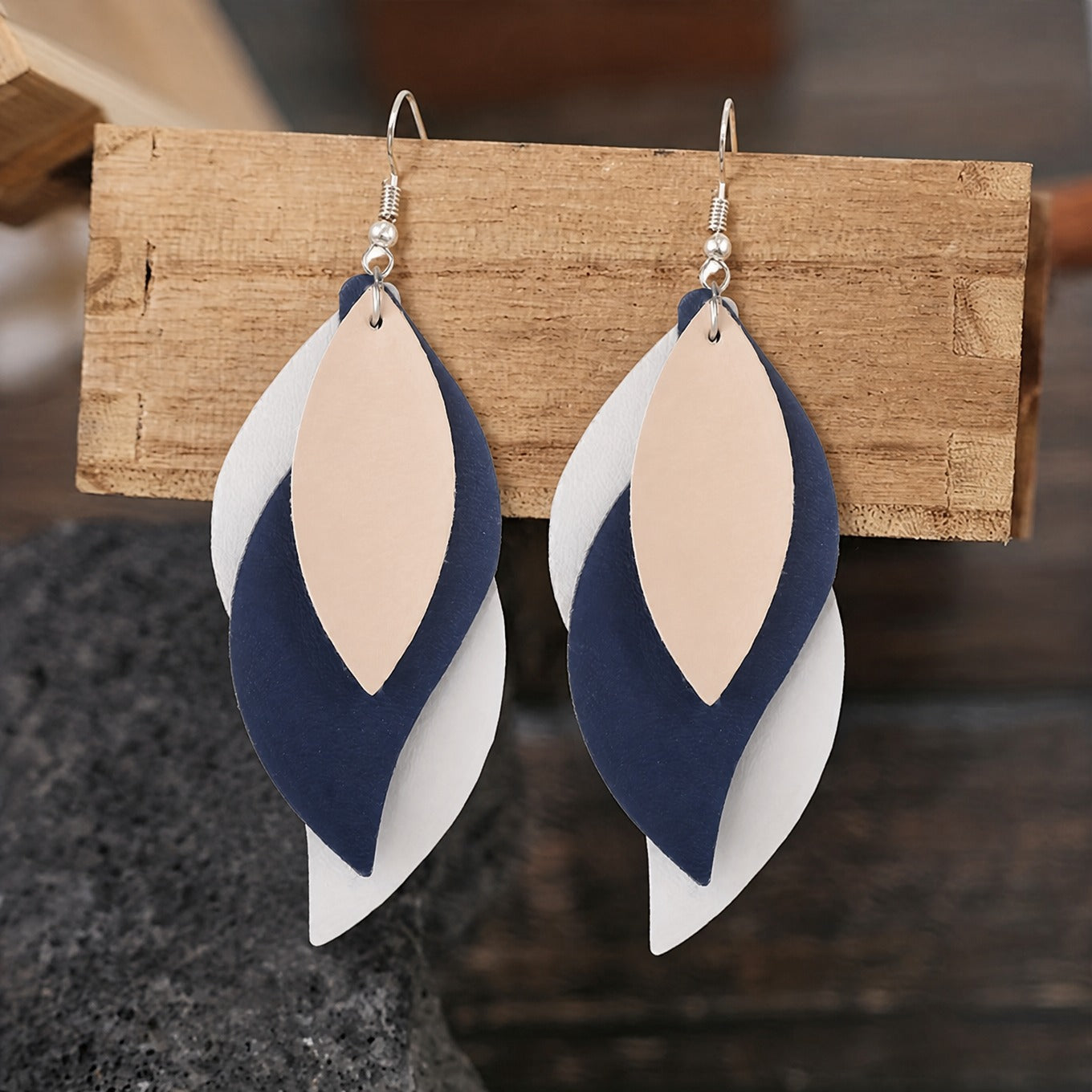 Layered Leaf PU Leather Drop Earrings with Silver-Tone Hook