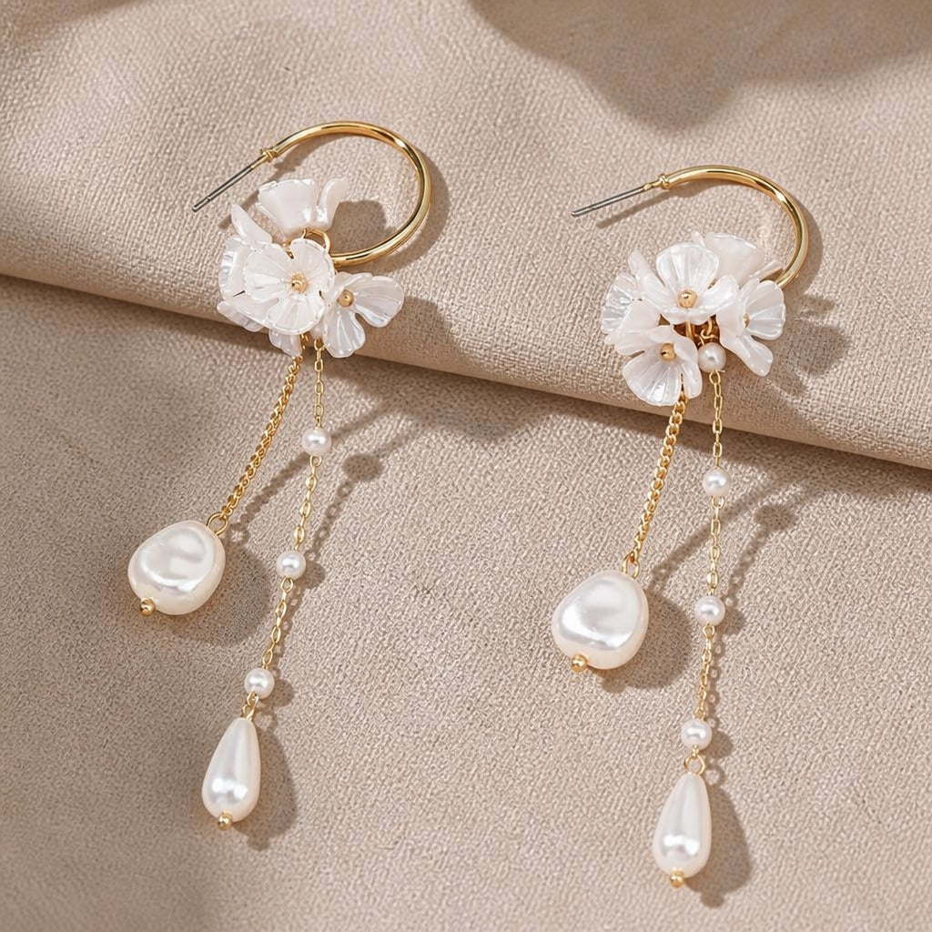 Baroque Pearl & Flower Charm Drop Earrings, Gold-Tone Cascading Design — main image