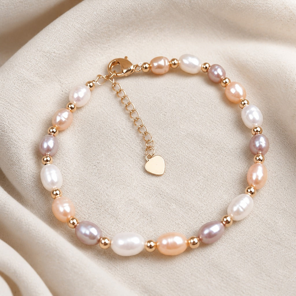 Multi-Tone Baroque Pearl Bracelet with Rose Gold-Tone Heart Charm — view 2
