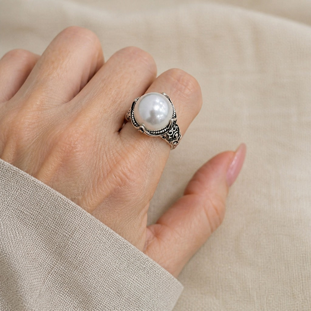 Oval Baroque Pearl Ring with Silver-Tone Filigree Band — main image