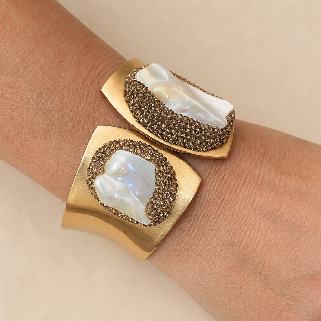 Baroque Pearl Cuff Bracelet with Gold-Tone Pavé Border — main image