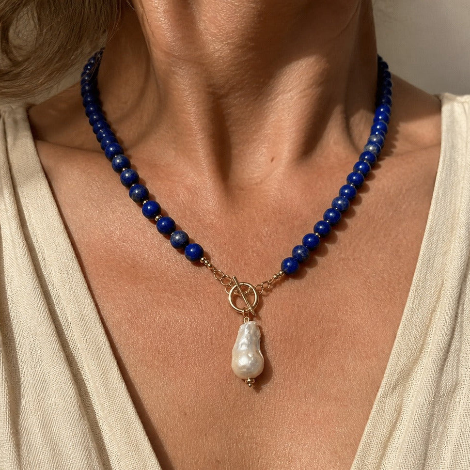 Lapis Lazuli Beaded Necklace with Baroque Pearl Pendant — main image