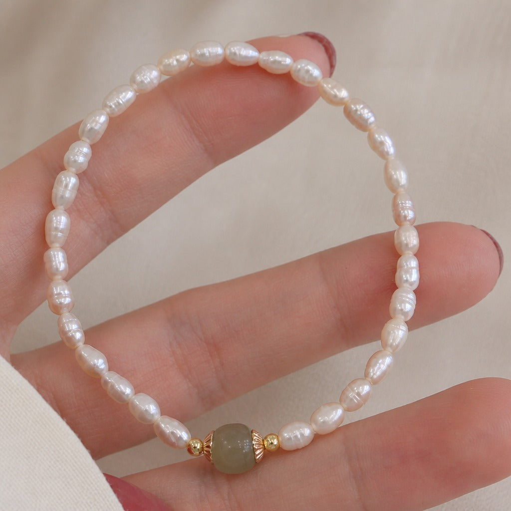 Baroque Freshwater Pearl Bracelet with Jade Accent Bead — view 2