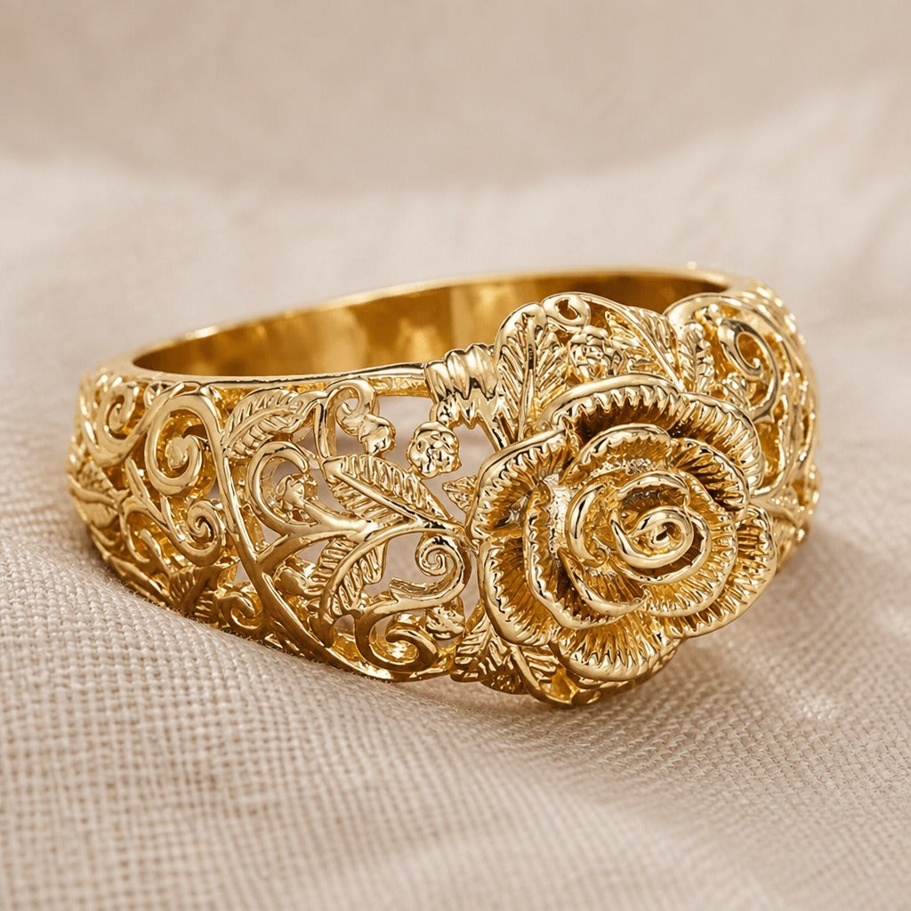 Vintage Rose Filigree Ring with Gold-Tone Openwork Band — main image