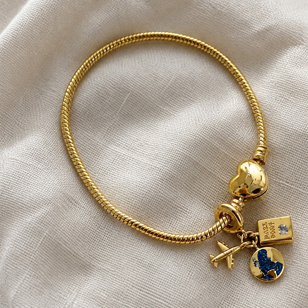 Gold-Tone Travel Charm Bracelet with Heart Clasp & Enamel Charms — main image