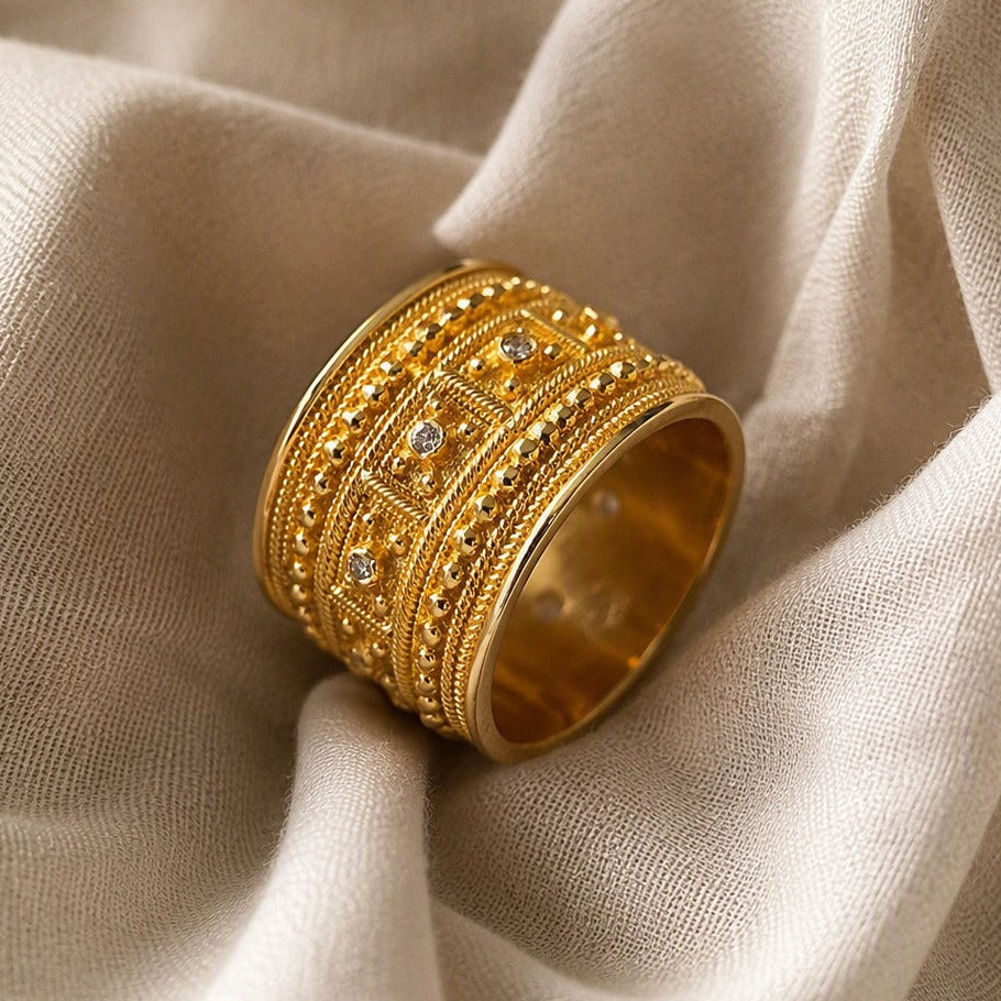 Ornate Vintage Zircon Ring with Wide Gold-Tone Band — main image