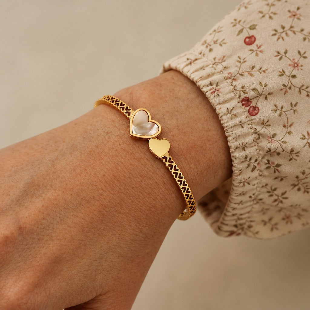 Heart Charm Bangle Bracelet with Mother-of-Pearl Inlay, Textured Gold Mesh Band — main image