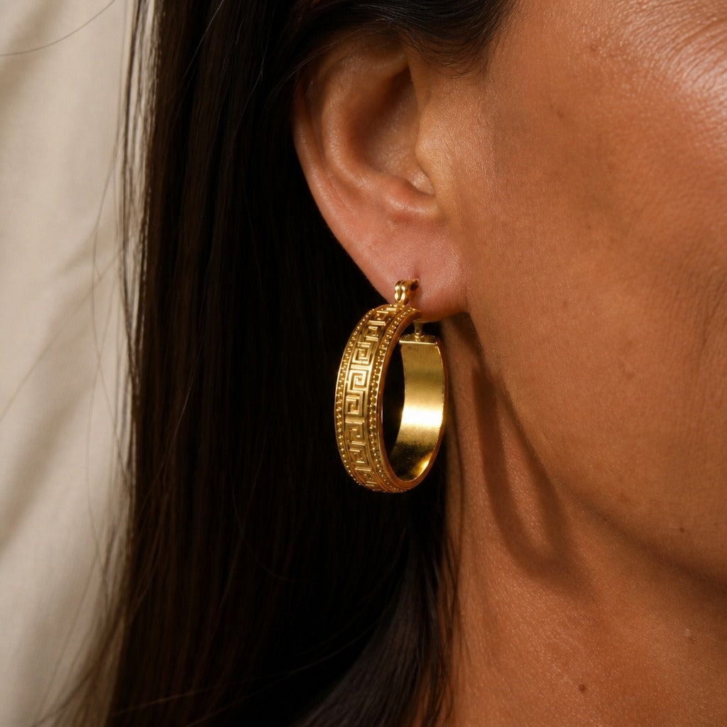 Grecian Key Gold-Tone Hoop Earrings with Beaded Border — main image