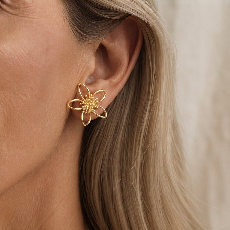 Flower Stud Earrings with Beaded Center, 14K Gold Plating over Zinc Alloy — main image