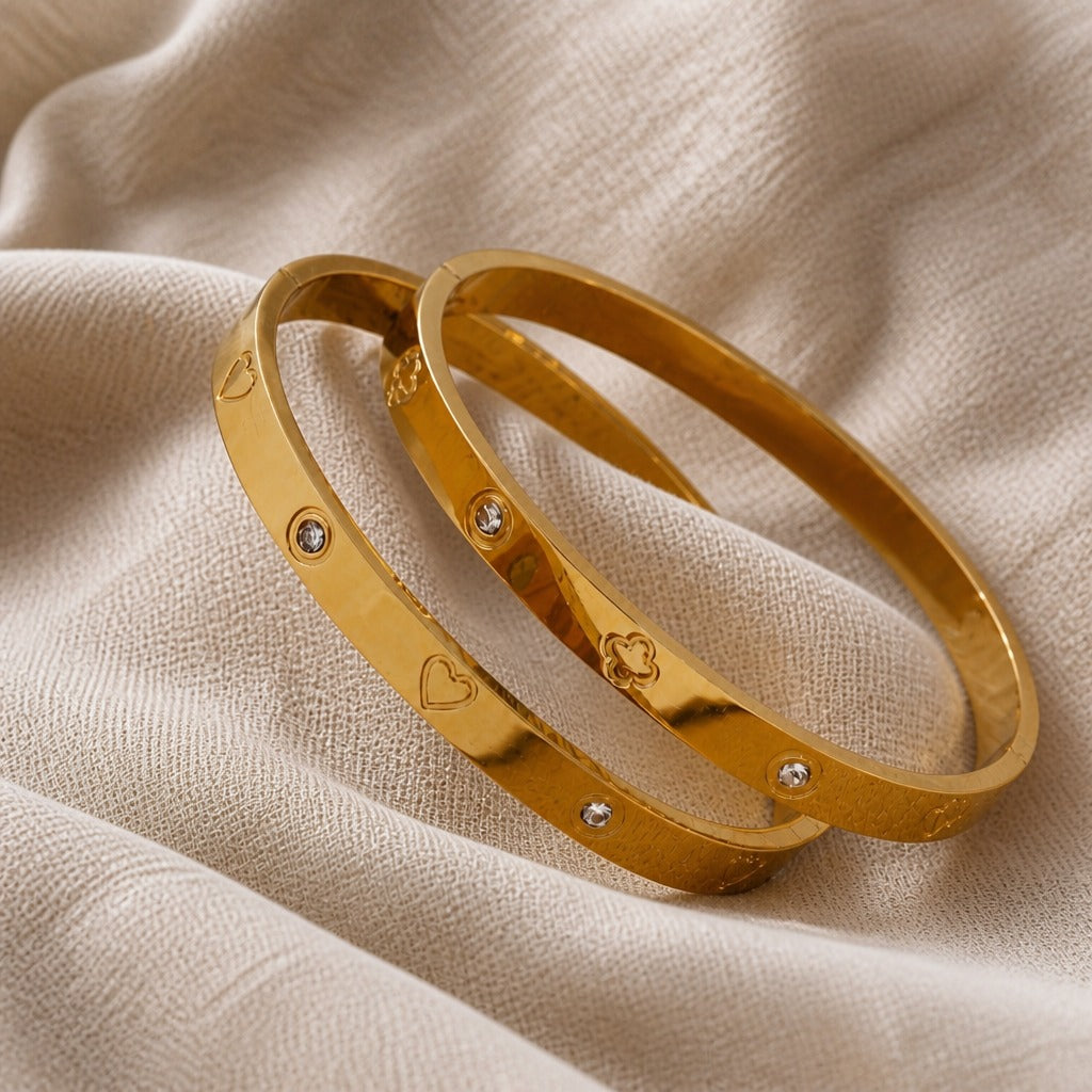 Heart & Four-Leaf Clover Bangle Bracelet with Cubic Zirconia in Gold or Silver Tone — main image
