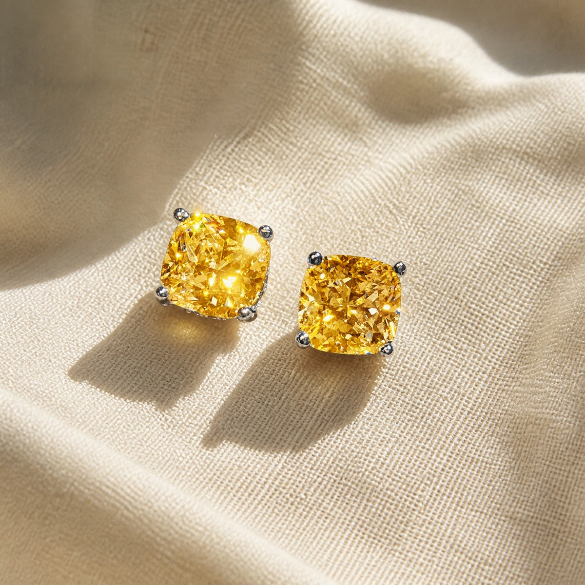 Cushion-Cut Golden Cubic Zirconia Stud Earrings with White Gold-Plated Inlay — view 2