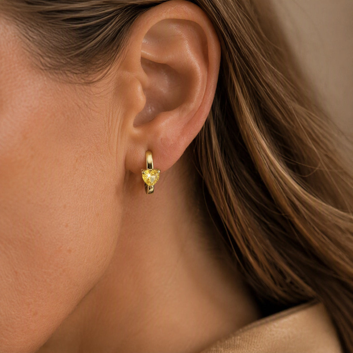 Heart-Shaped Yellow Cubic Zirconia Huggie Hoop Earrings, Nickel-Free Gold-Tone — view 2