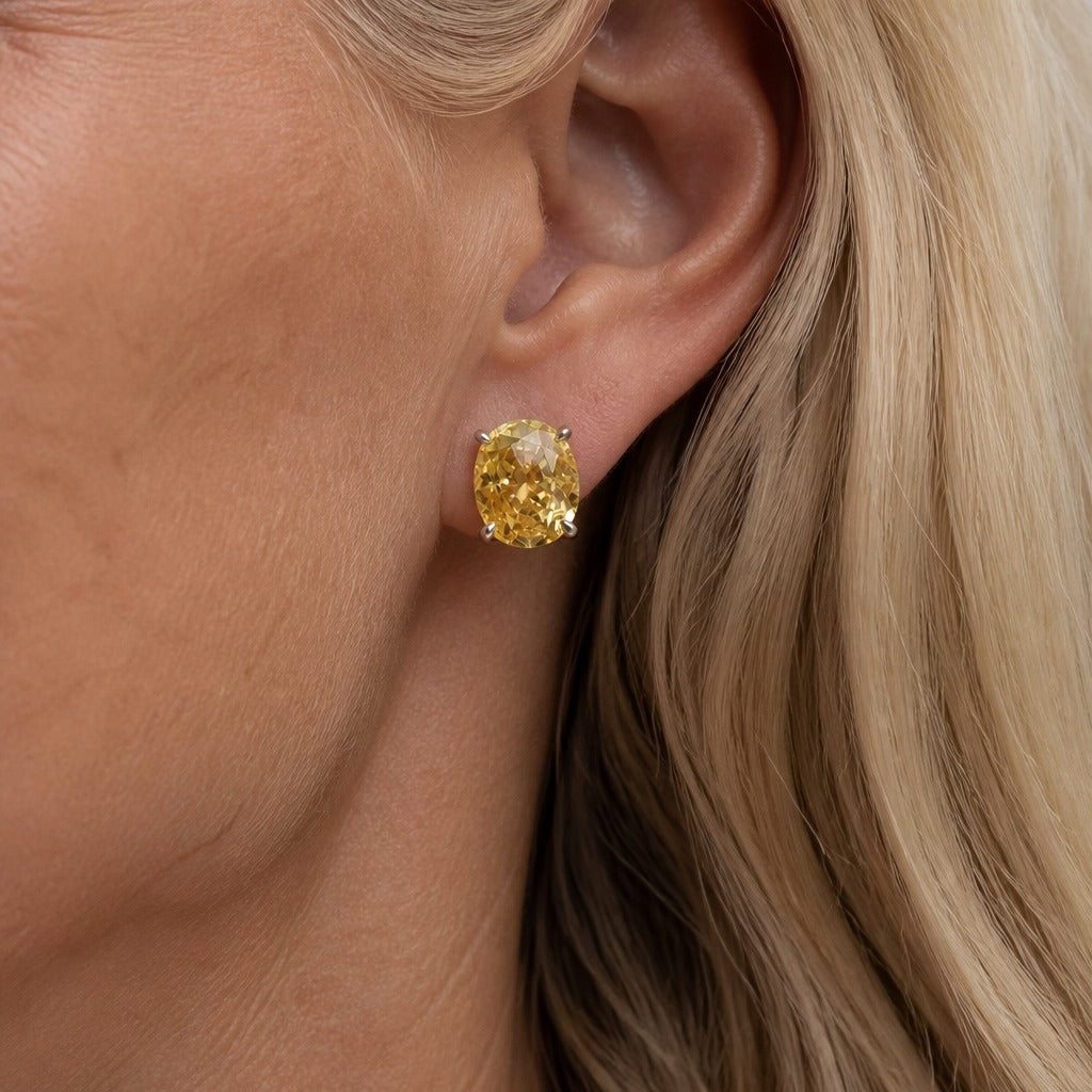 Oval Yellow Cubic Zirconia Stud Earrings with Nickel-Free Posts — main image